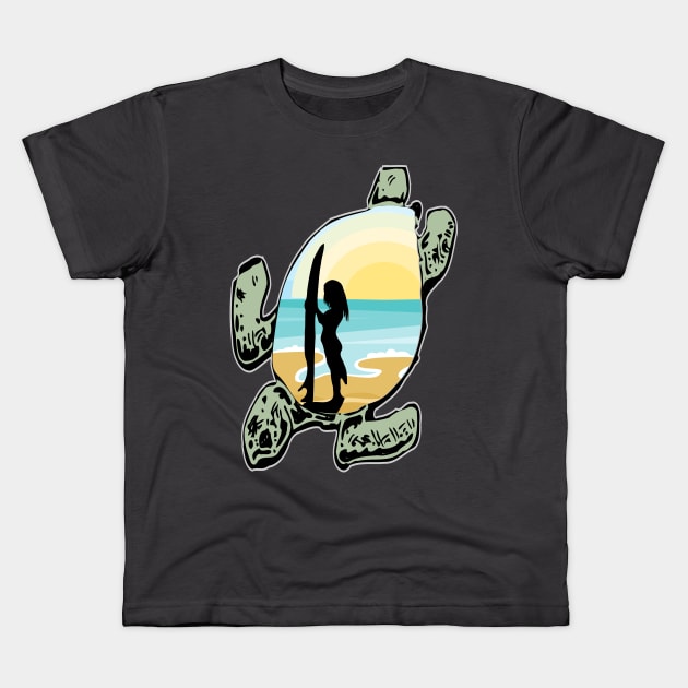 Surfer Girl Sunset Turtle Beach Kids T-Shirt by Redmanrooster